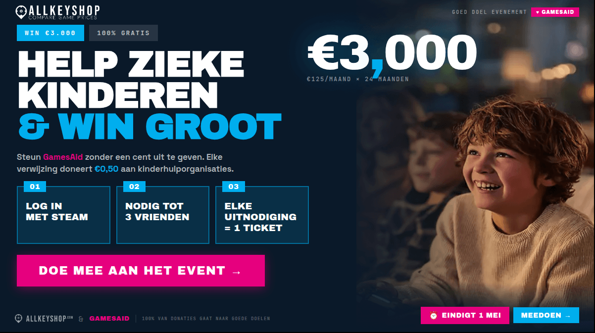 Nog 5 dagen! Help zieke kinderen gratis en win 3.000 € met het AllKeyShop Charity Event