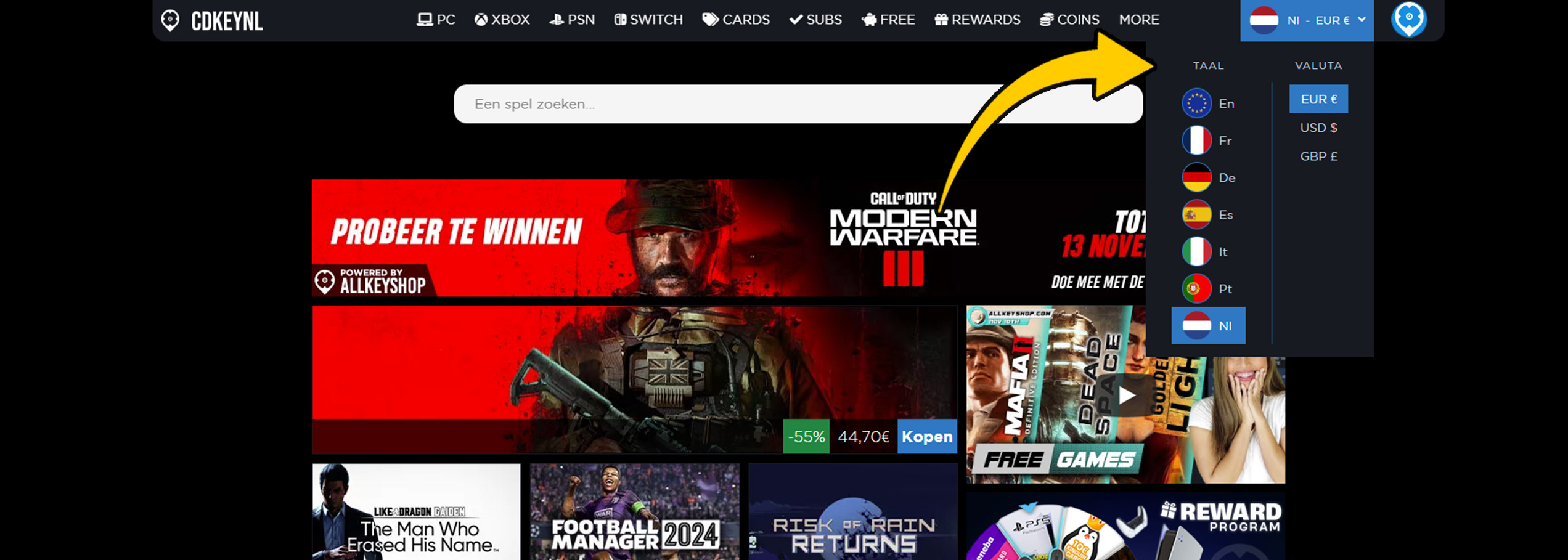 Taal- en Regio-opties van AllKeyShop