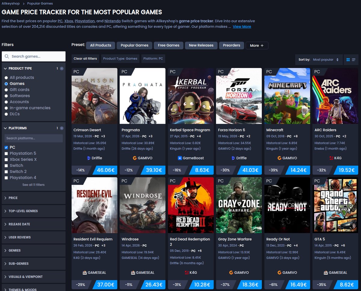 CDKeyNL PC-gamescatalogus gefilterd op platform, live prijstracker