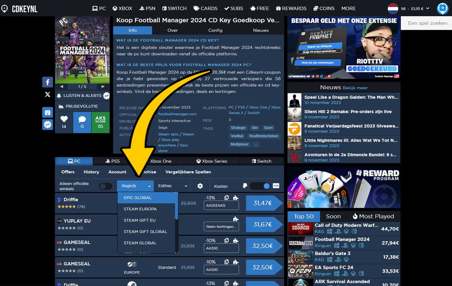 Taal- en Regio-opties van AllKeyShop