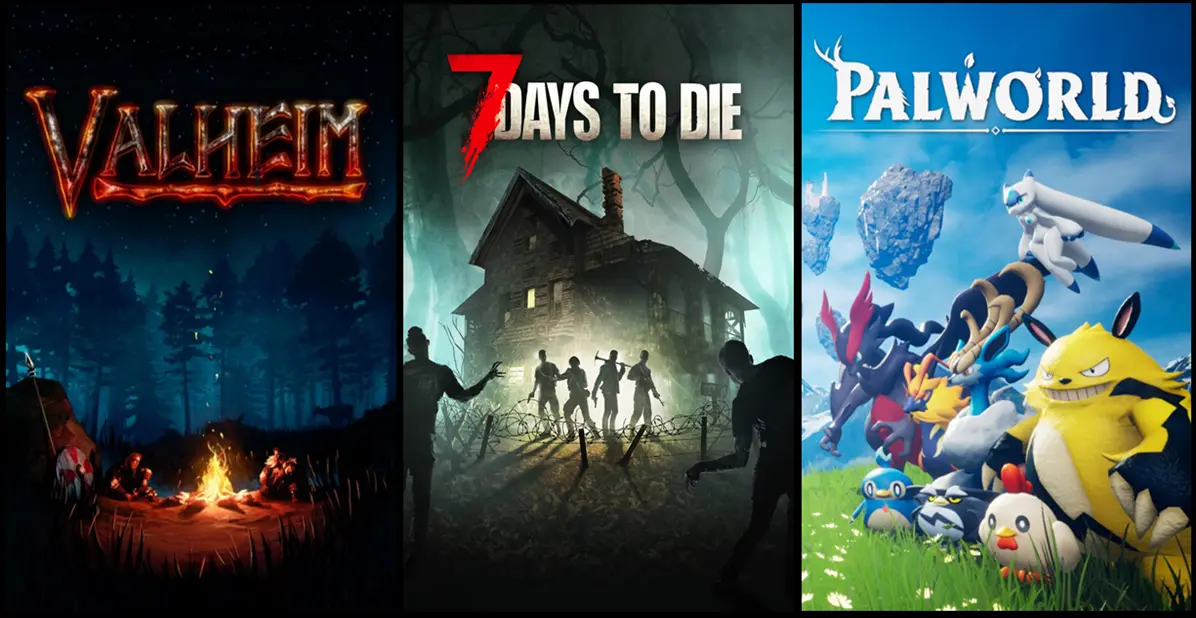 Een collage van pc-multiplayer survivalgames waaronder Valheim, 7 Days to Die en Palworld