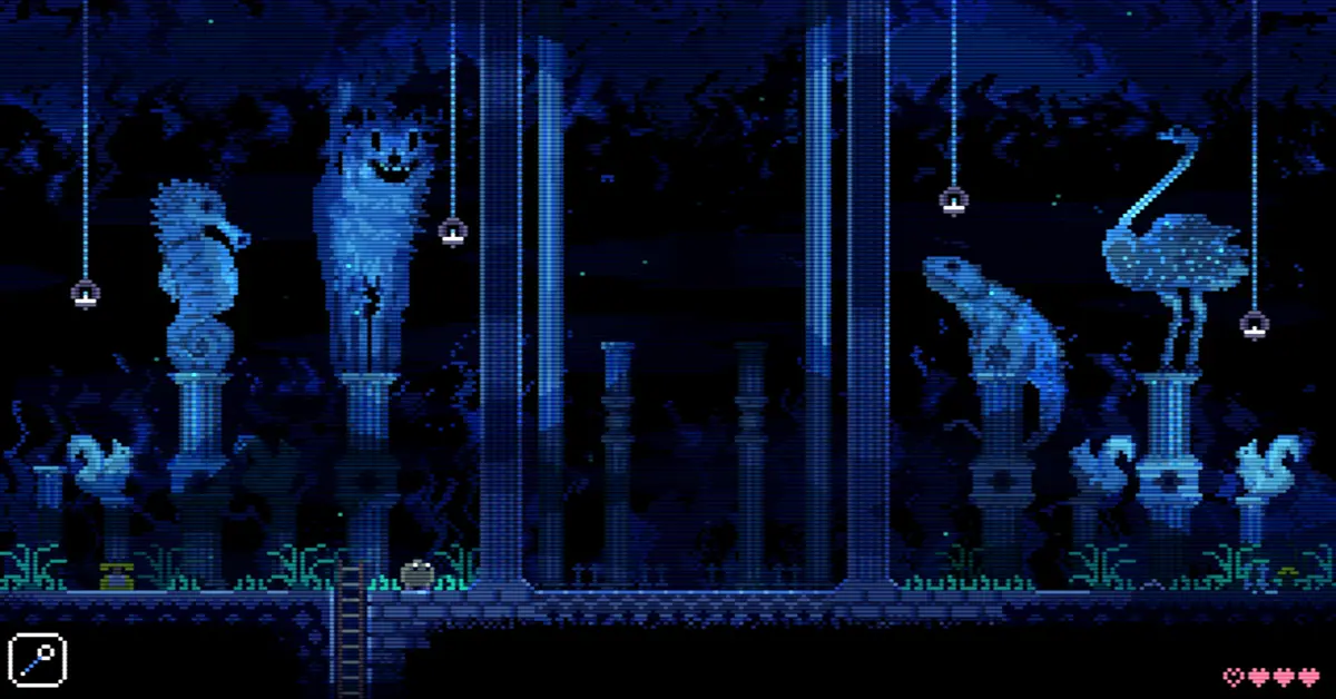 Animal Well gameplay screenshot van een duistere sfeervolle pixel art puzzel