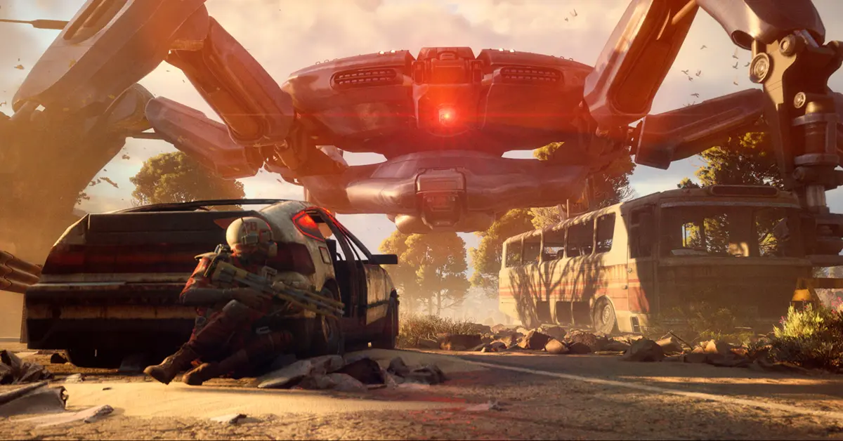 ARC Raiders-team vecht tegen een enorme mechanische machine op een verwoeste aarde