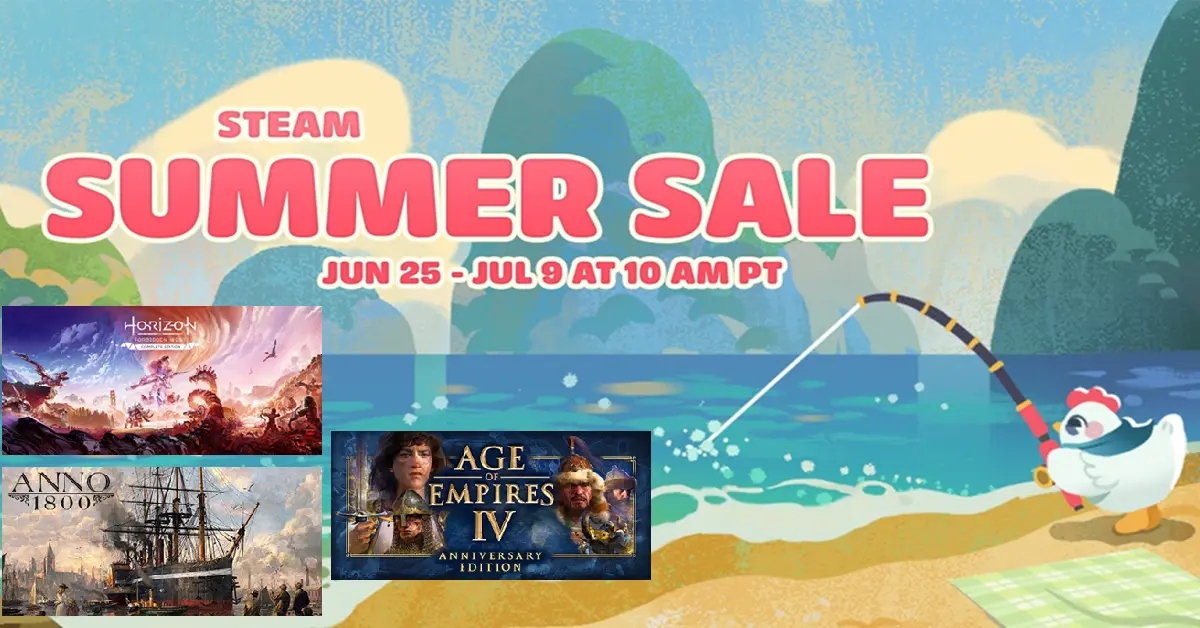Steam Summer Sale 2026 opstartscherm naast digitale gamehoezen voor Horizon Forbidden West, Anno 1800 en Age of Empires IV