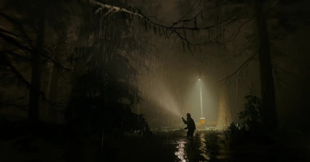 Alan Wake en Saga Anderson in de bossen van de Pacific Northwest.
