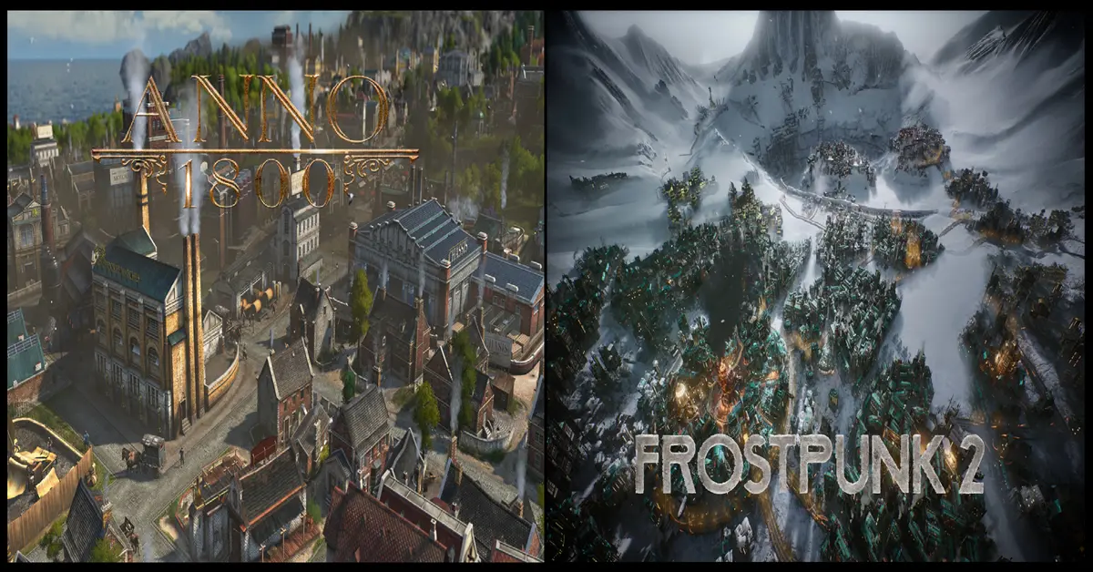 Zij-aan-zij vergelijking van een uitgestrekte industriestad in Anno 1800 en een met sneeuw bedekte buitenpost in Frostpunk 2