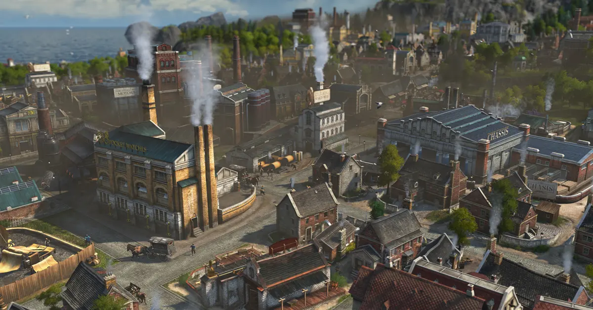 Filmische close-up van een industrieel stadsraster in Anno 1800