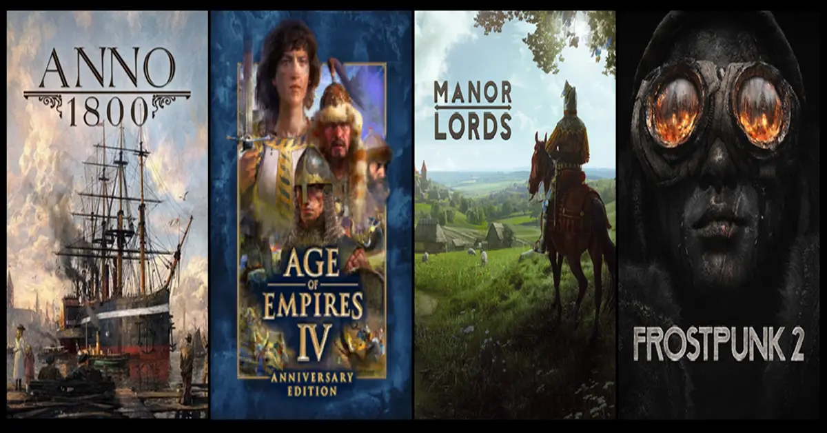 Collage van illustraties van Anno 1800, Age of Empires IV, Manor Lords en Frostpunk 2