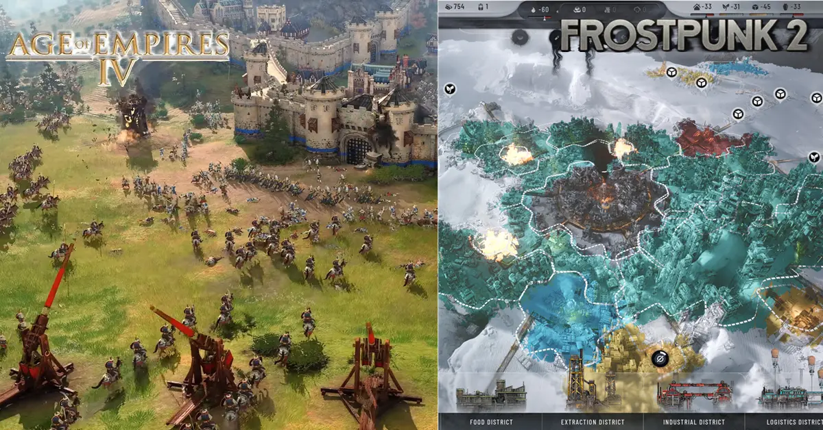 PC-strategiegames collage met gevechten uit Age of Empires IV en de stadslay-out van Frostpunk 2