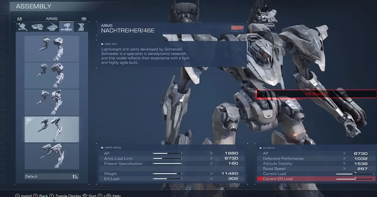 Het Assembly-menu in Armored Core VI met gedetailleerde statistieken voor verschillende benen, armen en wapenonderdelen.