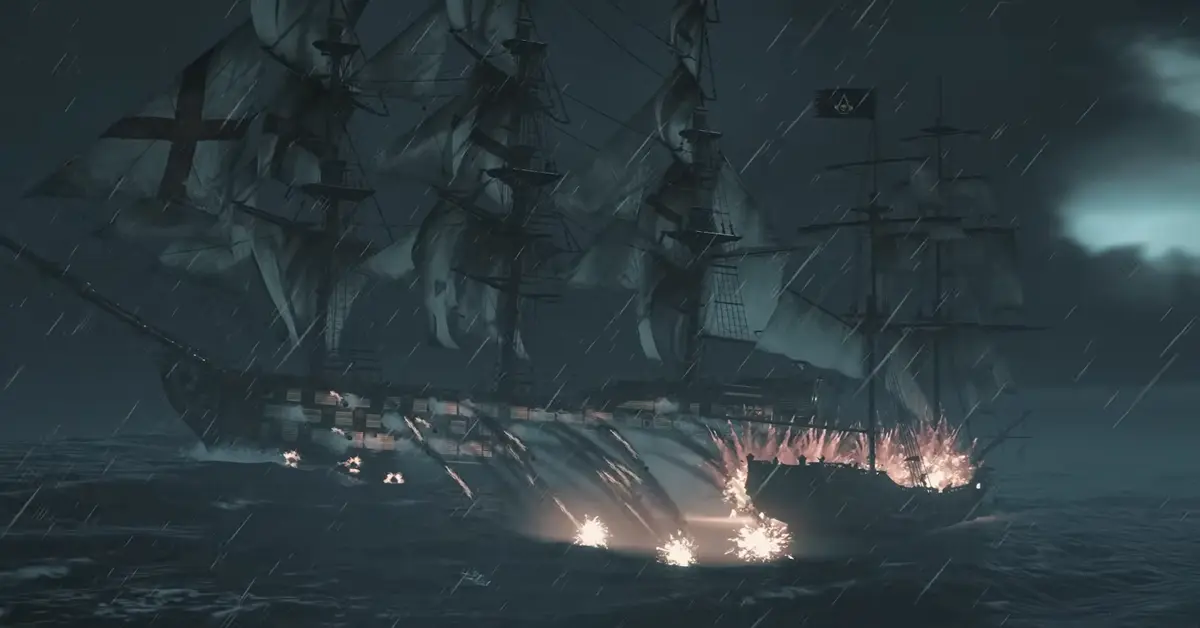 Het schip de Jackdaw dat tijdens een storm in Black Flag Resynced kanonnen afvuurt op een Brits galjoen