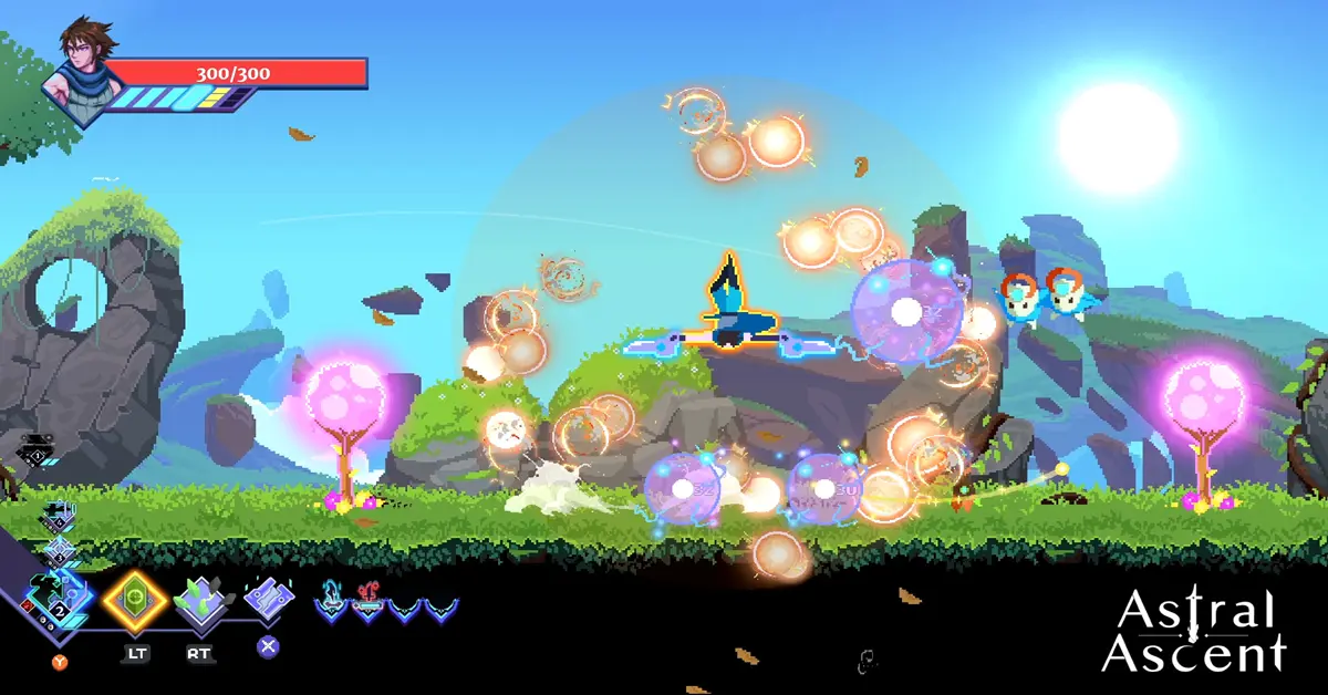 Screenshot van Astral Ascent gameplay met een kleurrijk baasgevecht op een 2D-platform