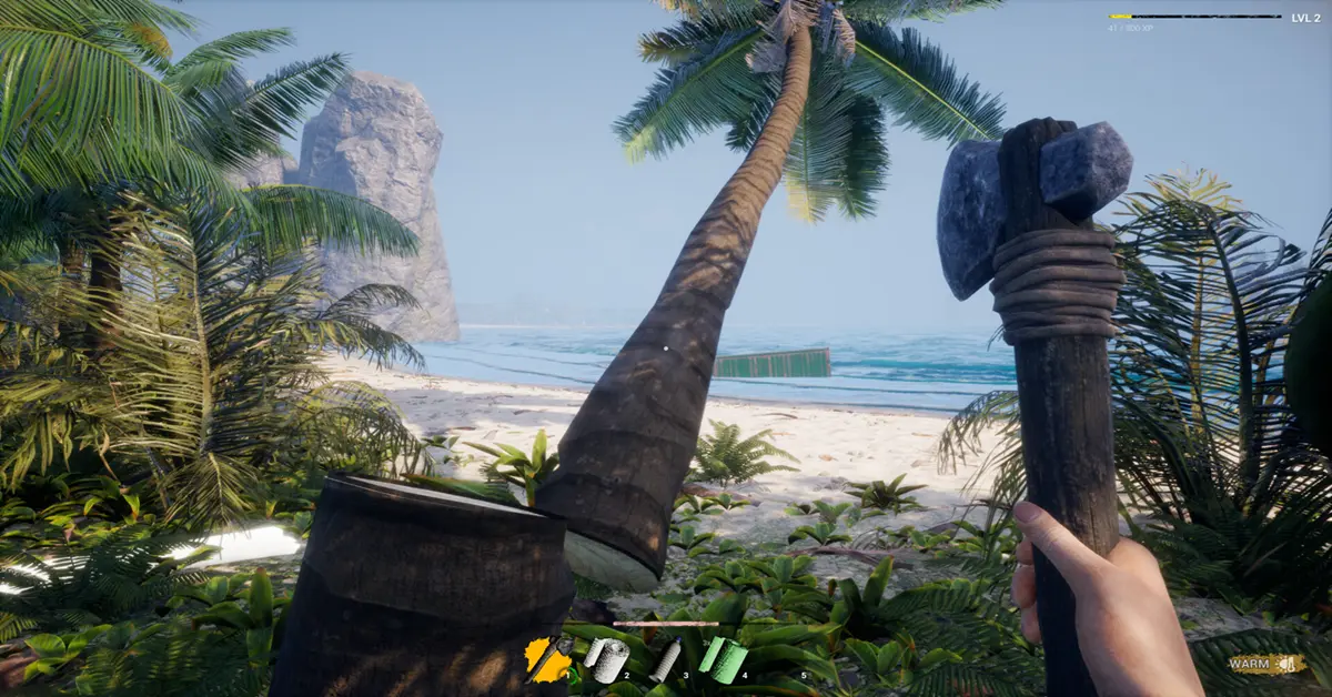 Survival gameplay in Away From Life waarin een personage op een tropisch strand te zien is.