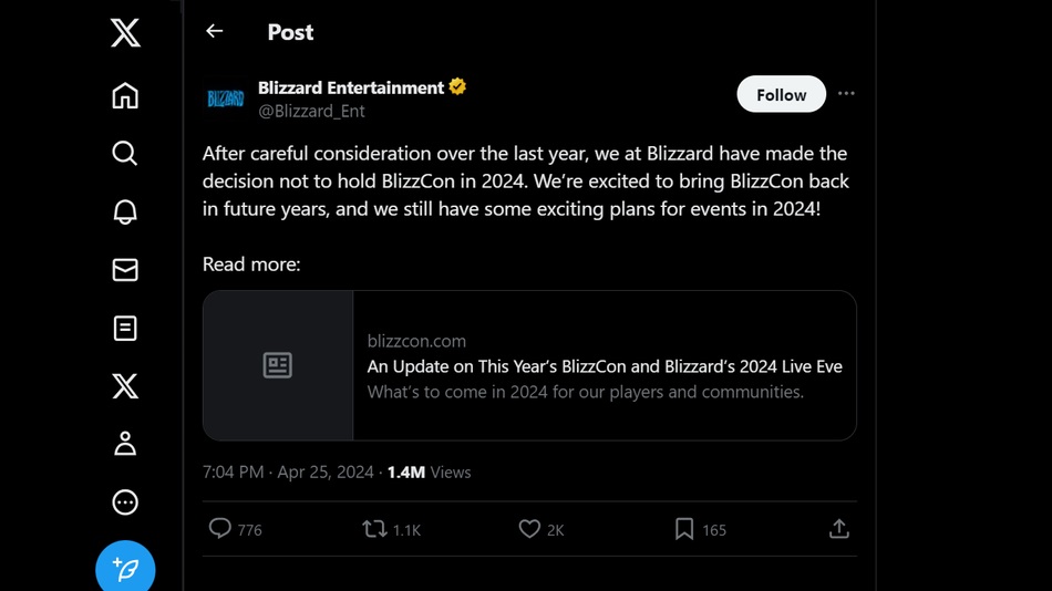 Twitter-nieuws over de annulering van BlizzCon 2024