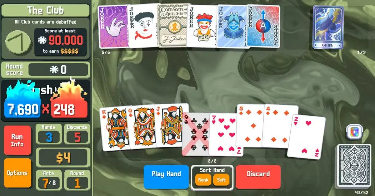 Een surrealistische pokerhand lay-out met realiteit-buigende Joker kaarten uit de game Balatro.