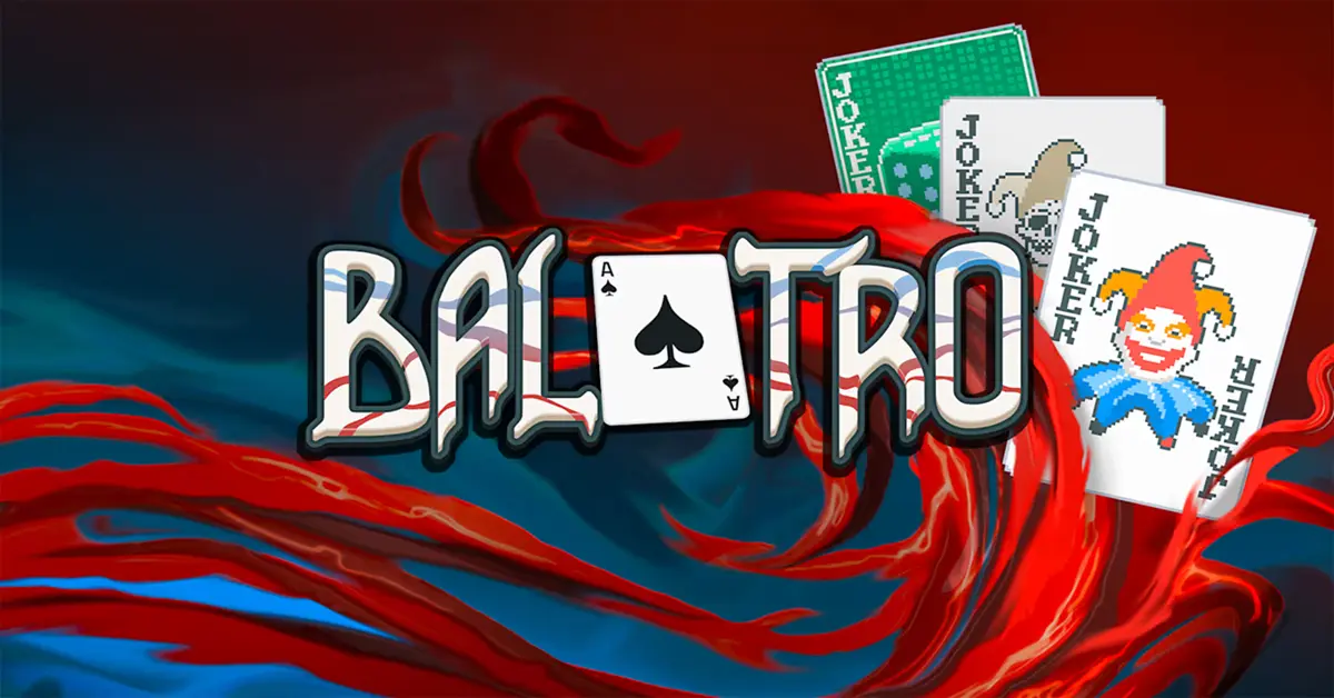 De levendige jokerkaarten en pokerchips uit de game Balatro verspreid over een donkere achtergrond.