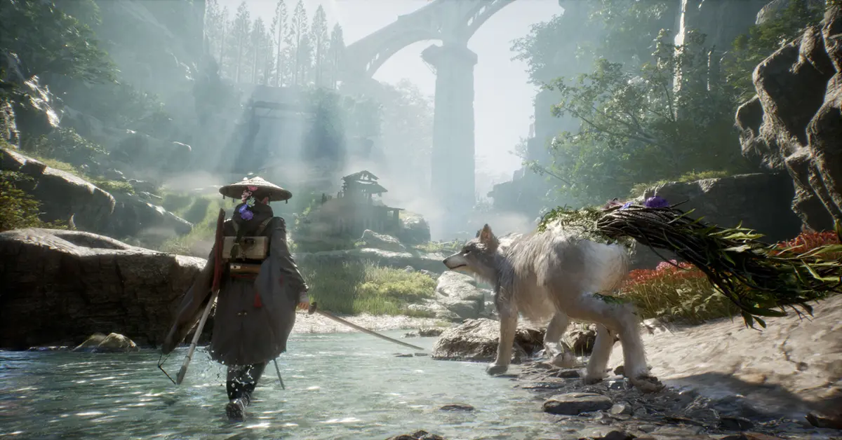 Emma en haar hond Koo kijken uit over een verwoeste, overwoekerde post-apocalyptische Japanse stad.