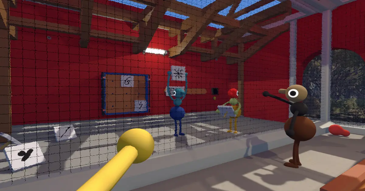 Big Walk personages die rond een centraal puzzelmechanisme staan