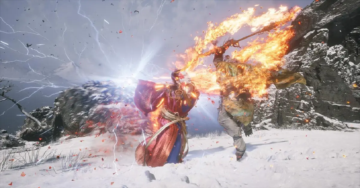Black Myth Wukong gameplay met een magische transformatie tijdens een vurige boss fight