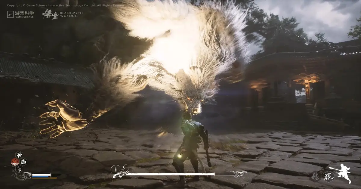 Screenshot van de gameplay tijdens een gevechtsscène met een baas in Black Myth Wukong