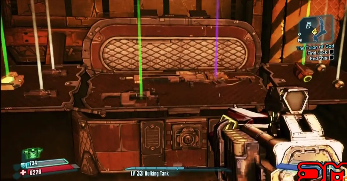 Een personage dat een gloeiende wapenkist plundert in Borderlands 2.