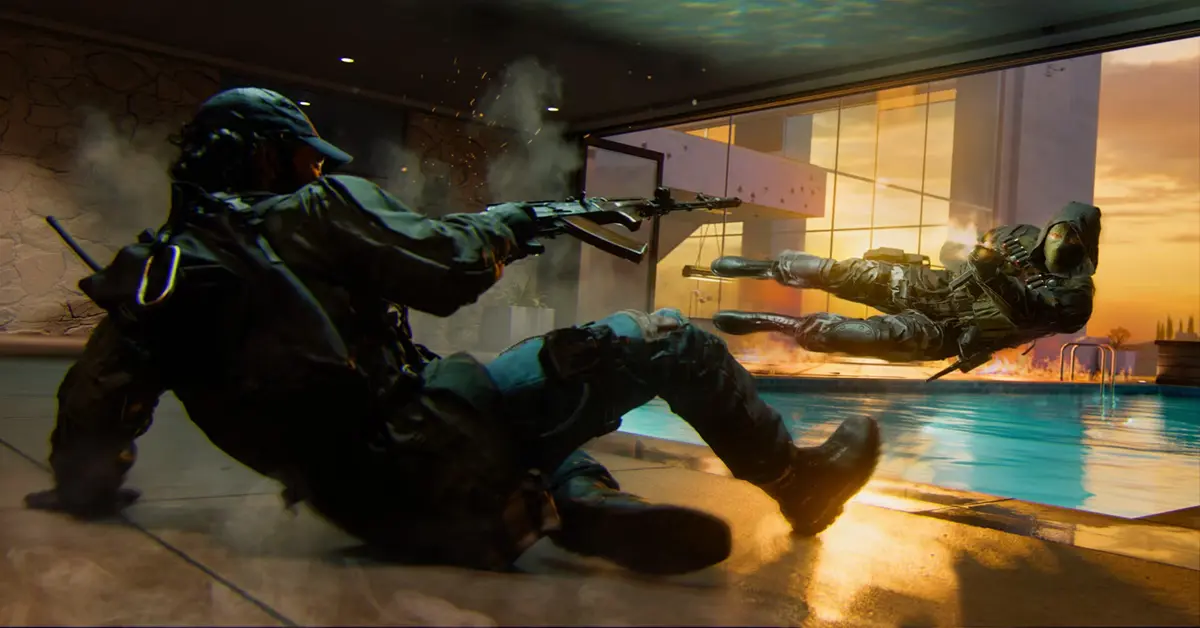 Call of Duty Black Ops 6 multiplayer personage die glijdt terwijl hij een wapen afvuurt.