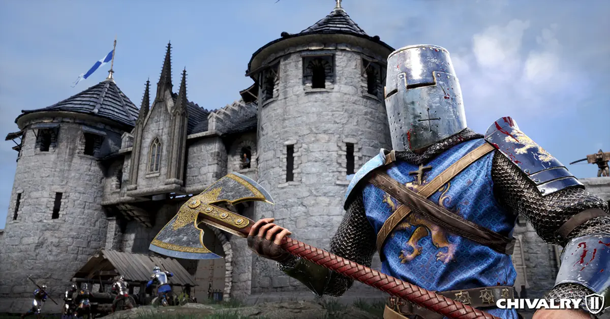 Ridders die een ram tegen een kasteelpoort duwen in Chivalry 2.