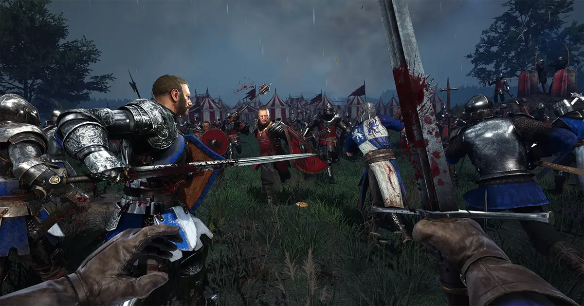 Een chaotisch middeleeuws slagveld in Chivalry 2 met ridders die botsen tijdens een belegering.