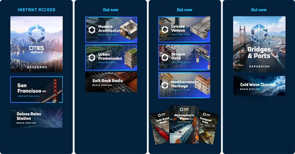 Vergelijking van de inhoud van de edities en de DLC-routekaarten voor Cities: Skylines 2.