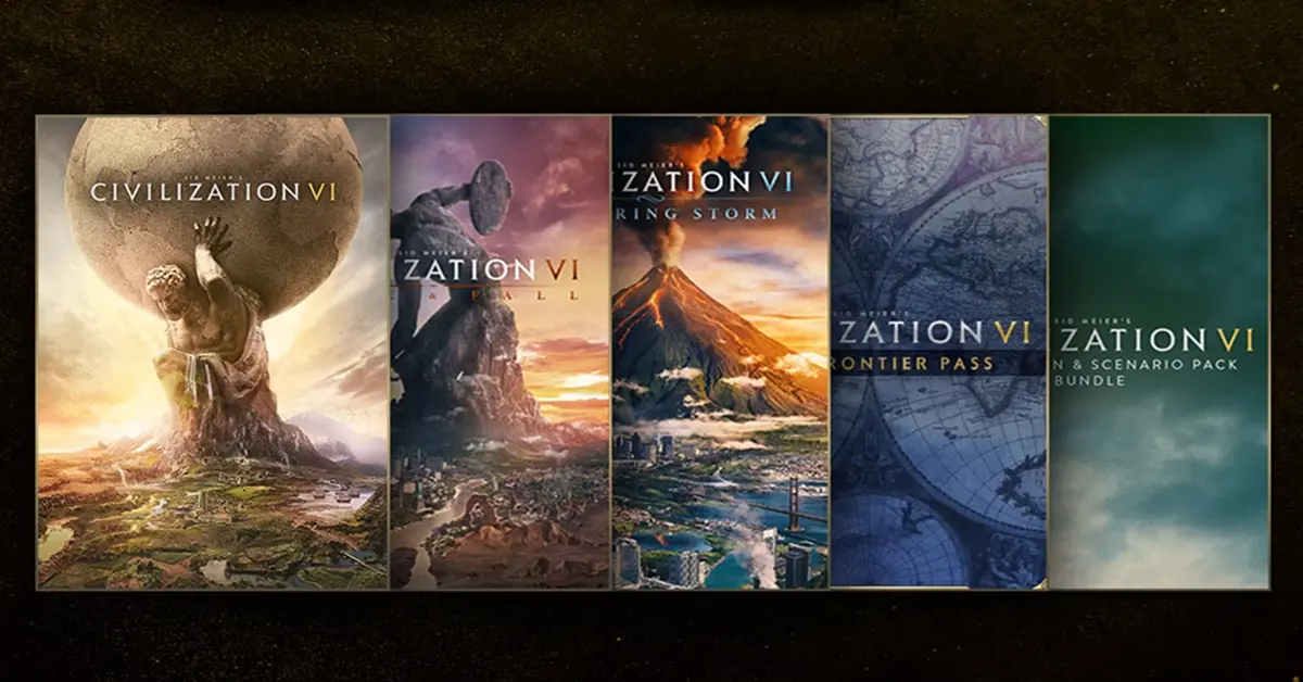 Hoofdmenu van Civilization VI en scherm voor het selecteren van uitbreidingen