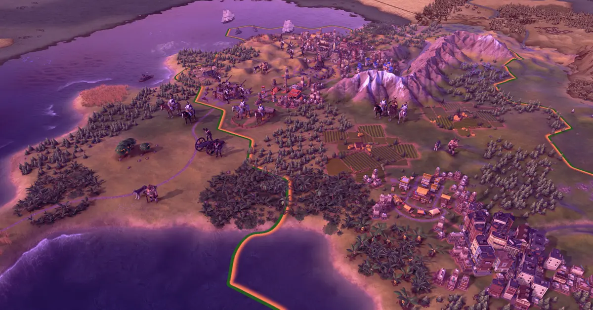 Civilization VI hex-grid kaart met uitbreiding van een imperium