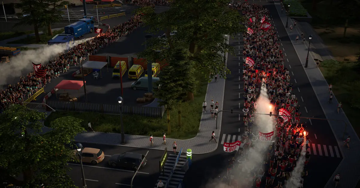 Een gedetailleerde wegenkaart die politieblokkades en fanroutes laat zien buiten een groot stadion in Copa City.