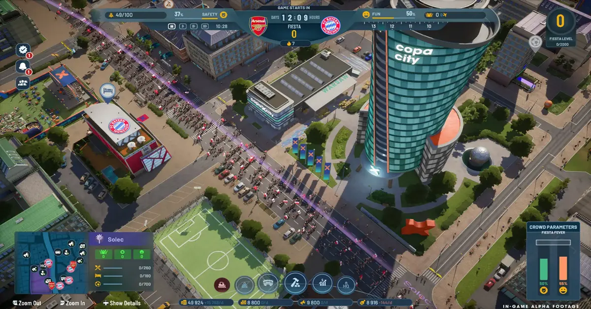 Close-up van het transport- en beveiligingspaneel van Copa City tijdens een wedstrijddag