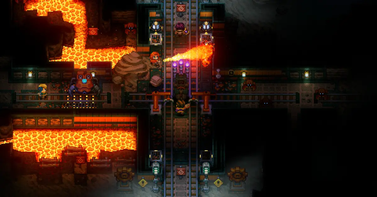 Core Keeper-speler die ertsen delft in een ondergrondse grot met pixel art-graphics
