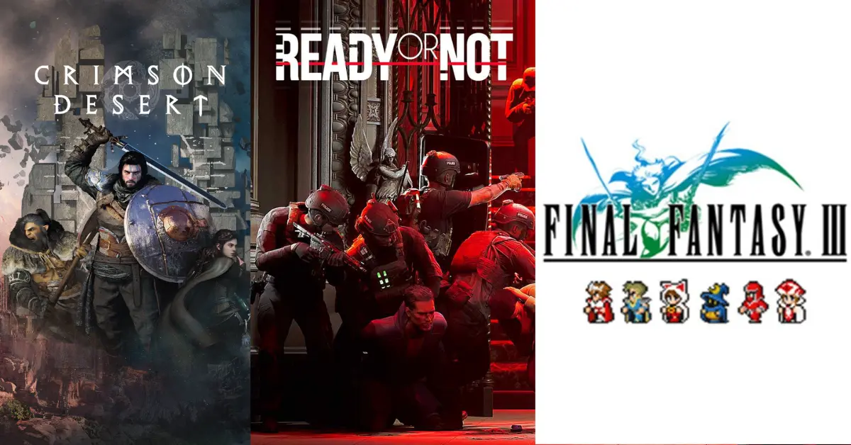Split-screen met open-world gevechten in Crimson Desert, tactische invallen in Ready or Not en 2D pixel art van Final Fantasy III
