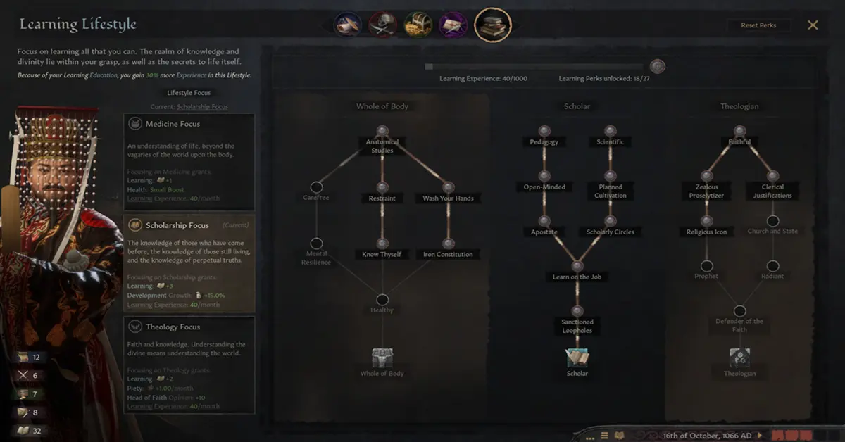 Het scherm voor karaktervaardigheden en eigenschapsbeheer in Crusader Kings III.