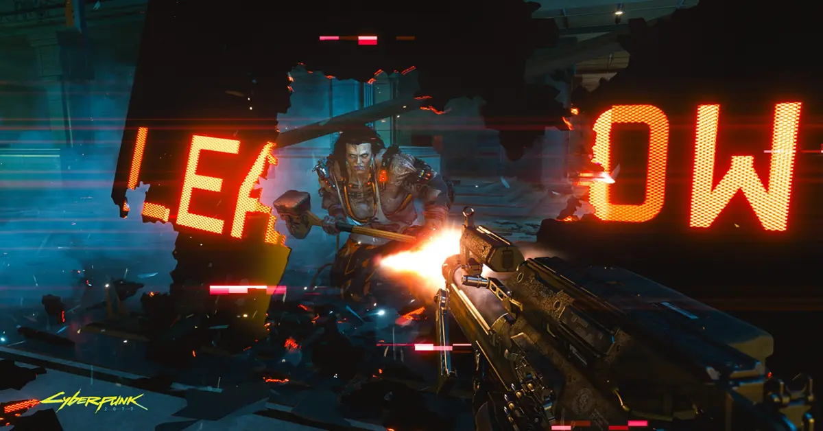 V vuurt een smart weapon af tijdens een explosief vuurgevecht in Cyberpunk 2077