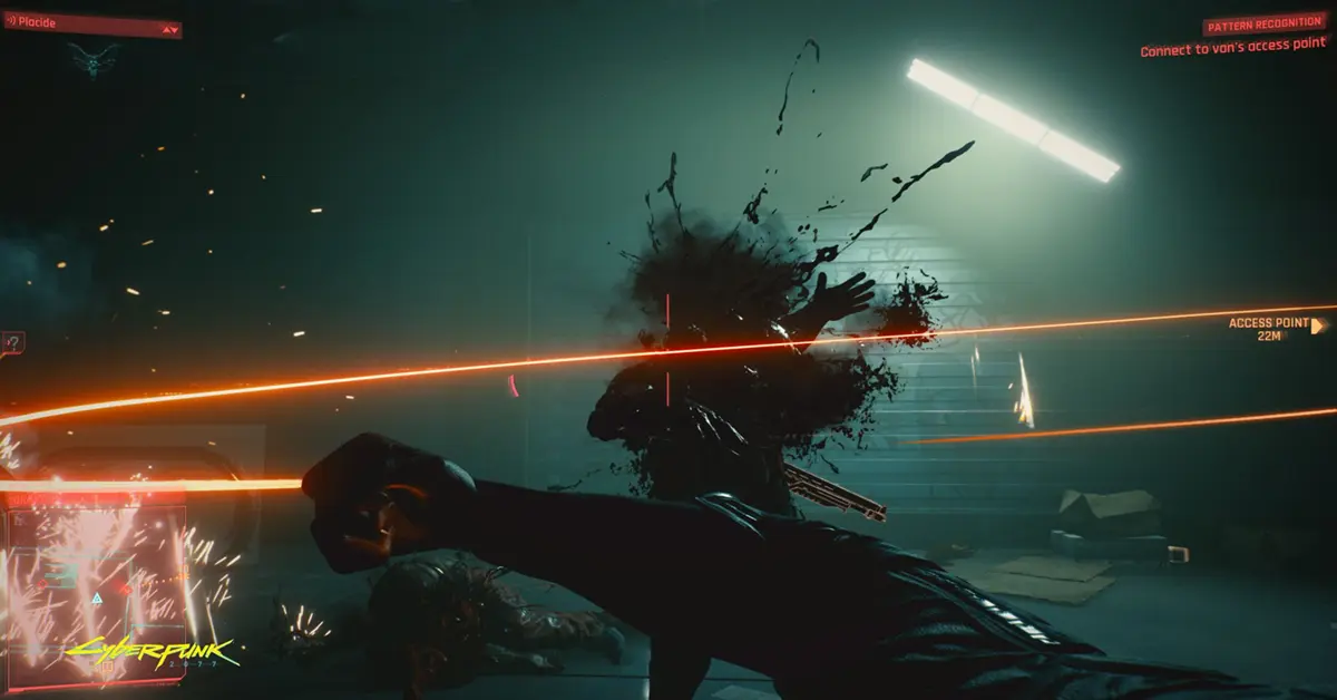 First-person weergave van een gevecht in Cyberpunk 2077 met cybernetische vaardigheden.