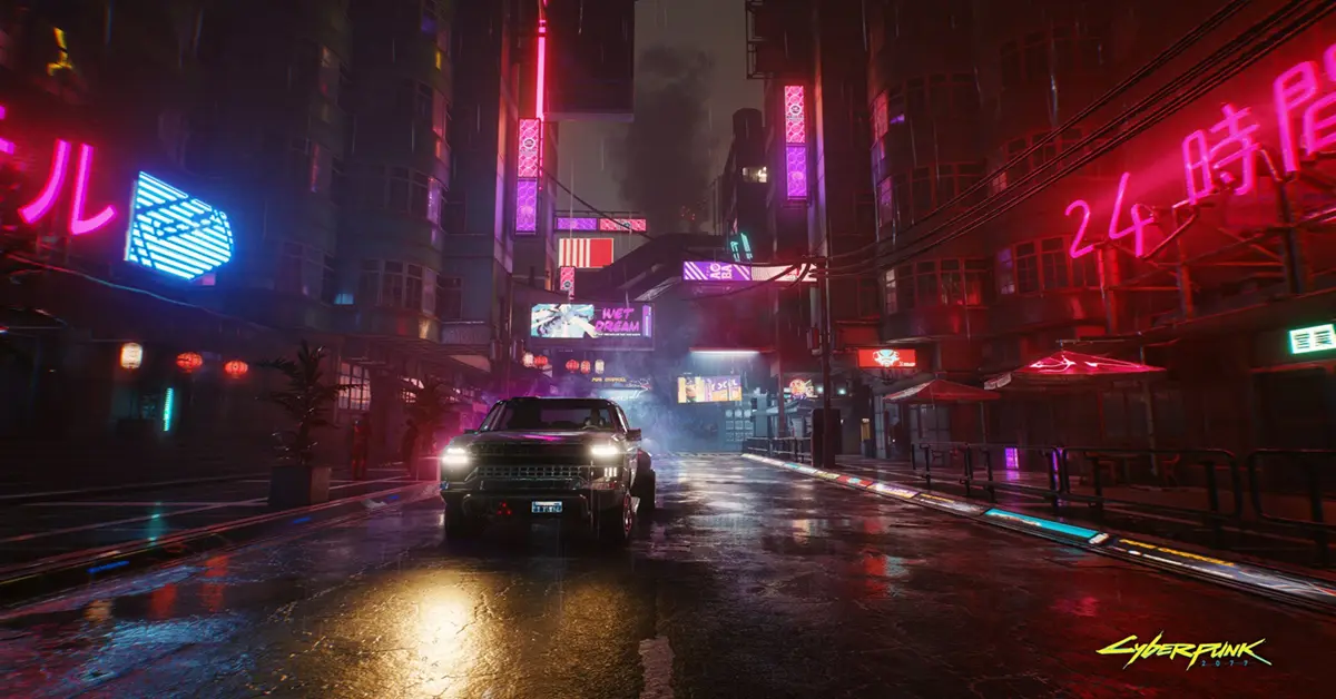 Night City verlicht door neon-straatlantarens in Cyberpunk 2077