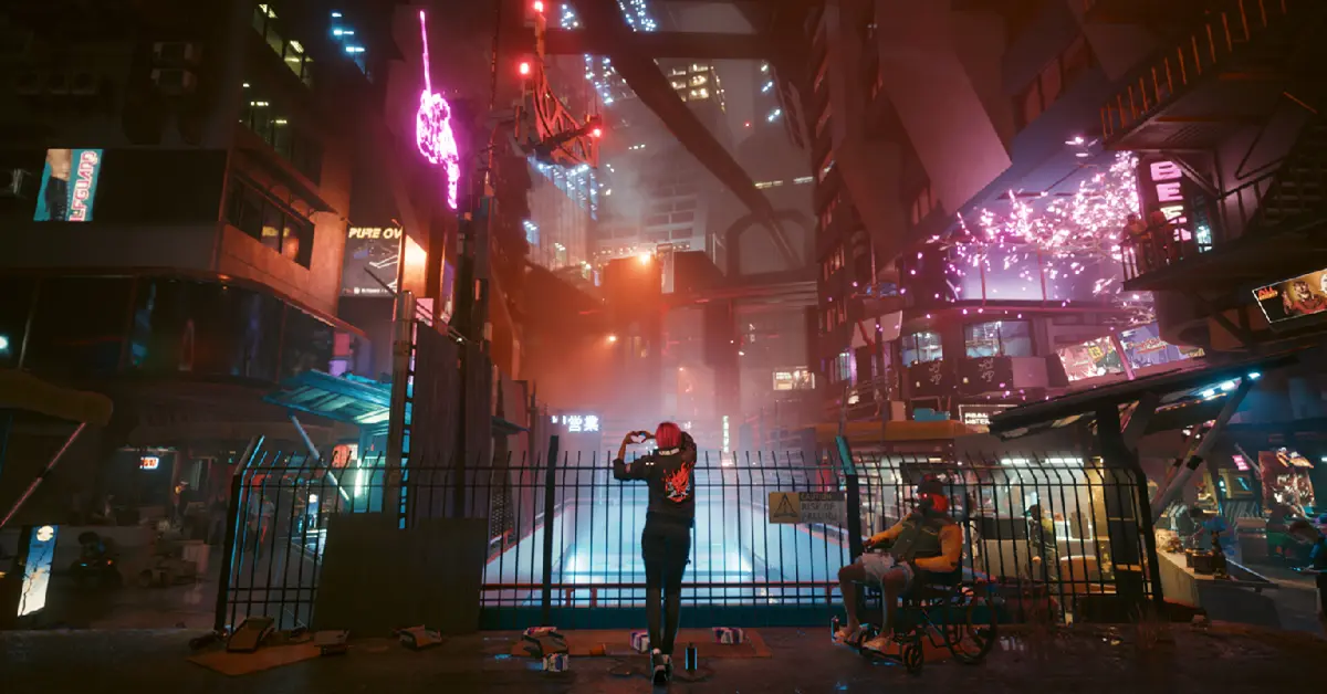 Cyberpunk 2077 Ultimate Edition hoofdpersonage V die over Night City uitkijkt