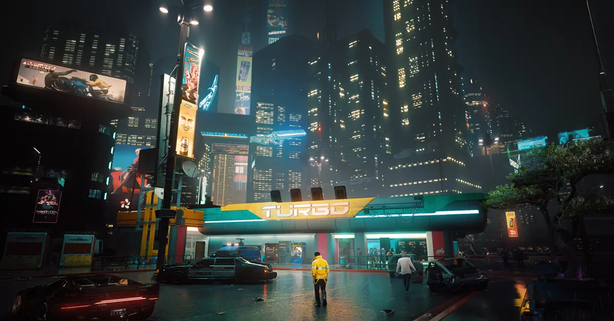 V staat naast een futuristisch voertuig en kijkt uit over de neon-skyline van Night City in Cyberpunk 2077