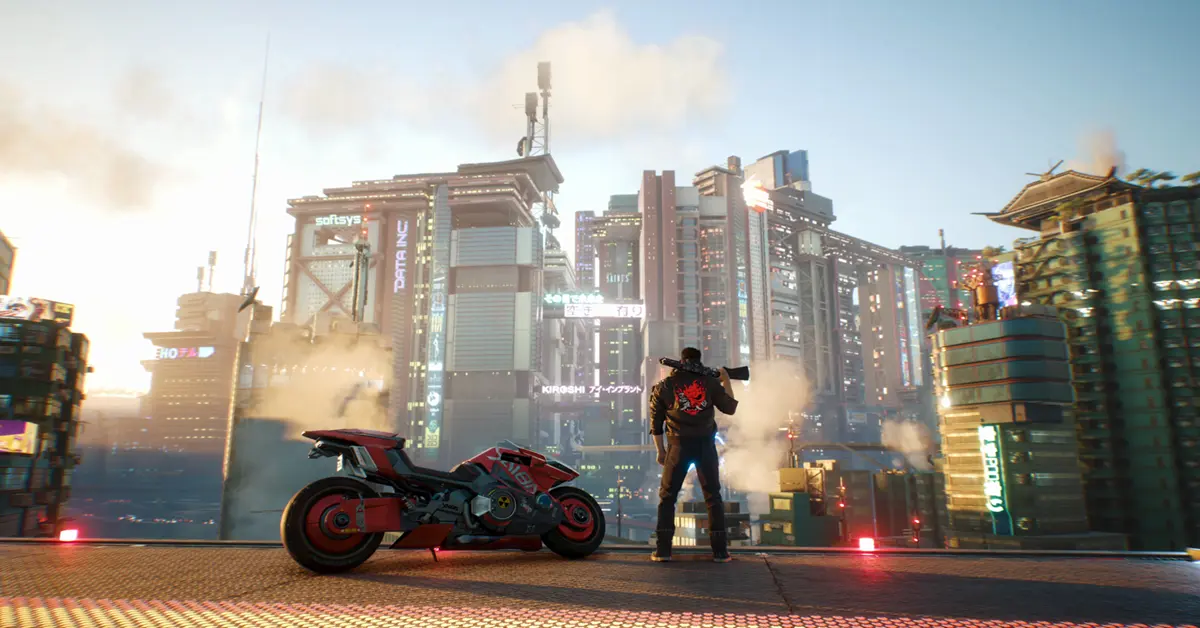 V kijkt uit over de met neon verlichte skyline van Night City in Cyberpunk 2077