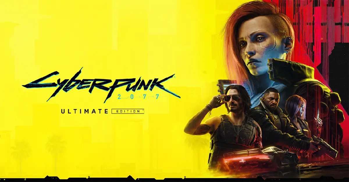 Cover art van de Cyberpunk 2077 Ultimate Edition waarop V in Night City te zien is