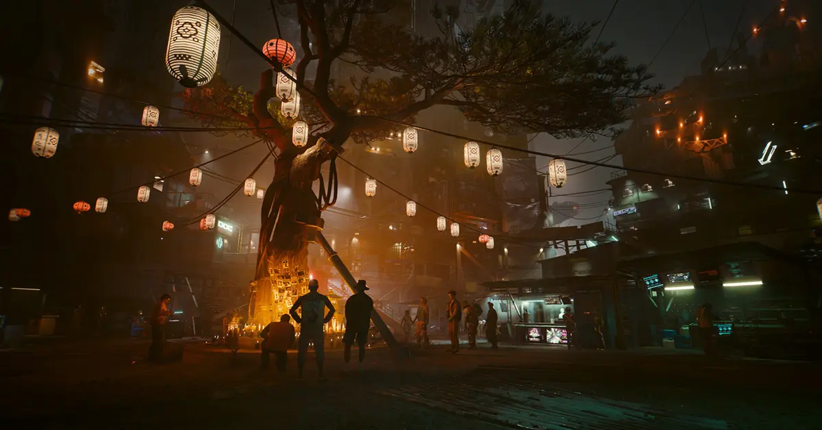 V en Solomon Reed staand in de met neon verlichte ruïnes van Dogtown in Cyberpunk 2077 Phantom Liberty