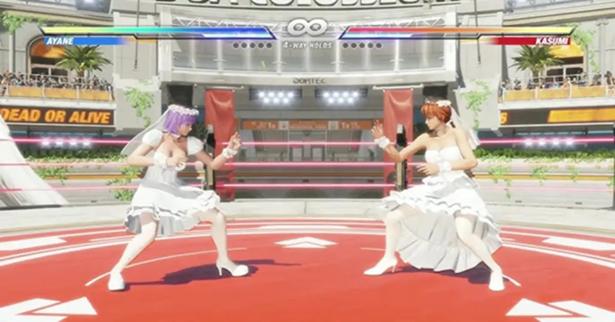 Kasumi en Ayane staan tegenover elkaar in een verlichte arena in Dead or Alive 6 Last Round