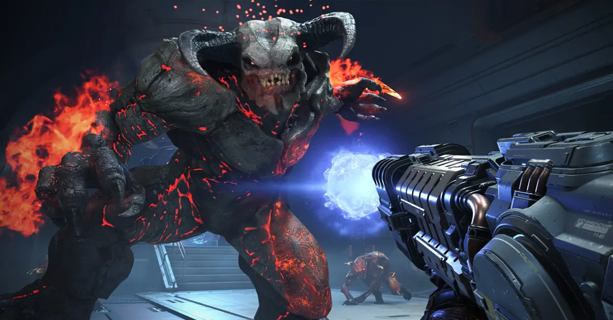 First-person perspectief van de DOOM Marine die een Glory Kill uitvoert op een Imp.