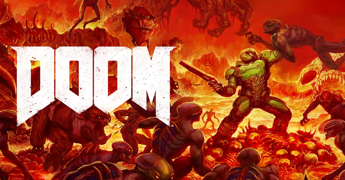 DOOM Marine op het oppervlak van Mars, staand boven een verslagen demon.