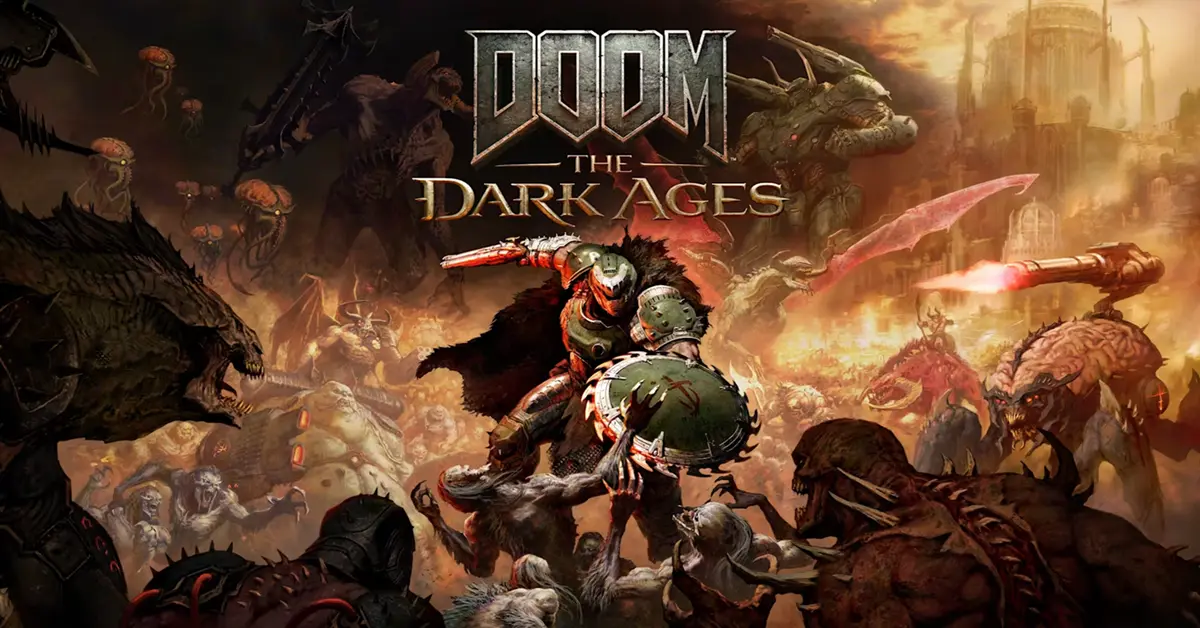 De Doom Slayer gebruikt de nieuwe Shield Saw om een aanval van een gigantische demon te blokkeren.