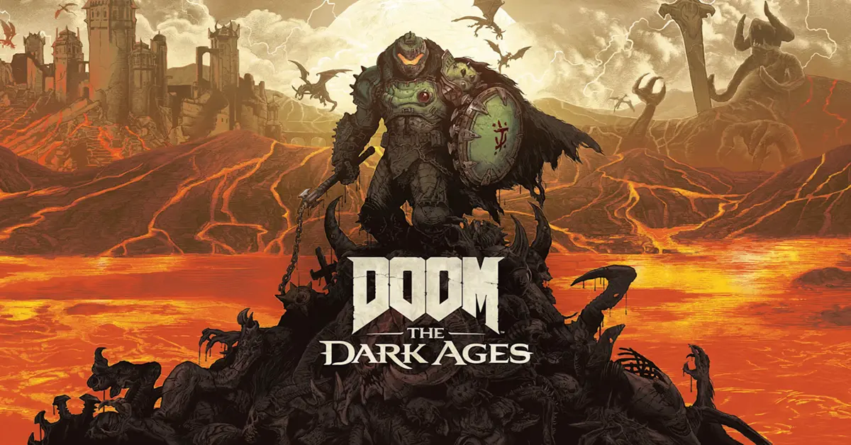 De Doom Slayer staand in een grimmig, middeleeuws hellelandschap met donker bont en zware bepantsering.