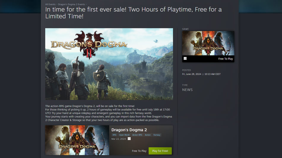 aankondiging van de tijdgebonden demo van Dragon’s Dogma 2 op Steam